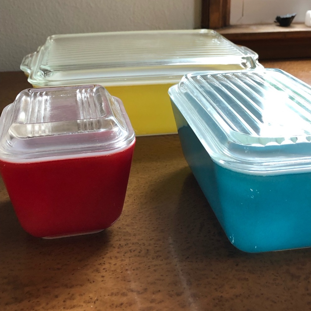 VINTAGE PYREX, Set of three refrigerator dishes, MCM, Blue, Yellow, Red